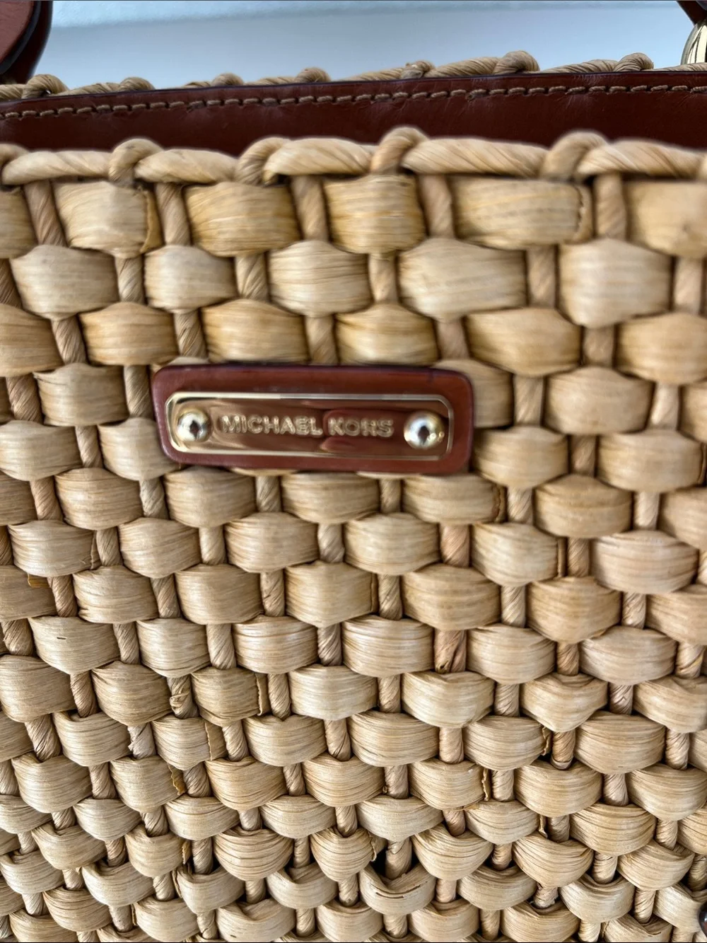 Michael Kors Santorini Leather Rafia Straw Woven Rectangular Straw Shoulder Bag